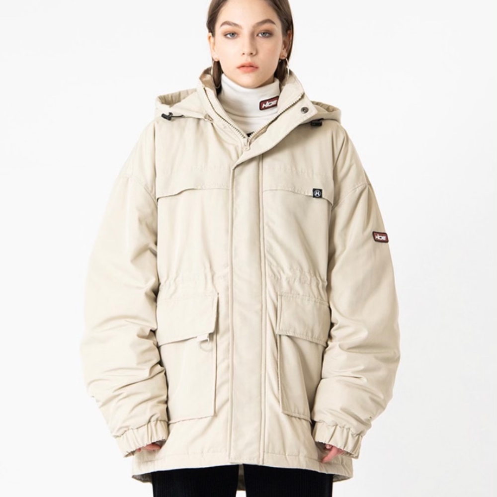 Korean Brand: MIXXMIX HIDE Logo Patch Hooded Beige Parka, Beige, size M.